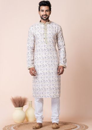 White Printed Readymade Kurta Pajama