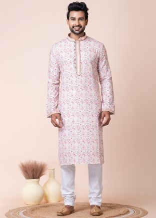 Pink Men Printed Readymade Kurta Pajama