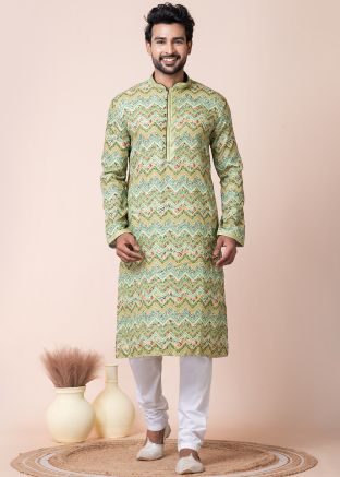 Green Printed Readymade Men Kurta Pajama