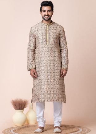 Brown Printed Men Kurta Pajama In Silk