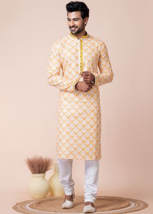 Readymade Yellow Printed Cotton Kurta Pajam