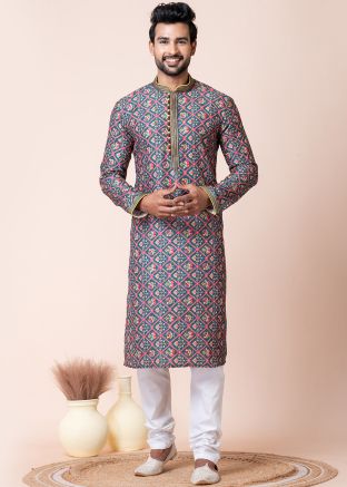 Blue Men Printed Cotton Kurta Pajama