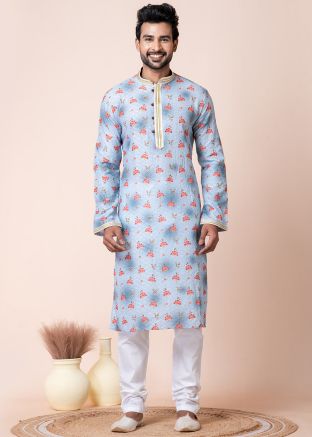 Readymade Blue Floral Print Men Kurta Pajama