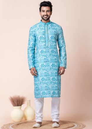 Blue Men Printed Readymade Kurta Pajama