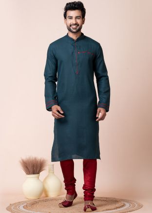 Readymade Teal Blue Plain Men Kurta Pajama Set