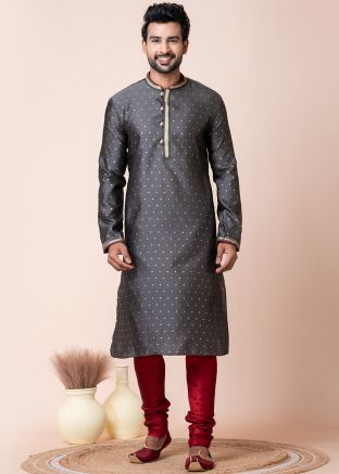 Grey Woven Readymade Men Kurta Pajama