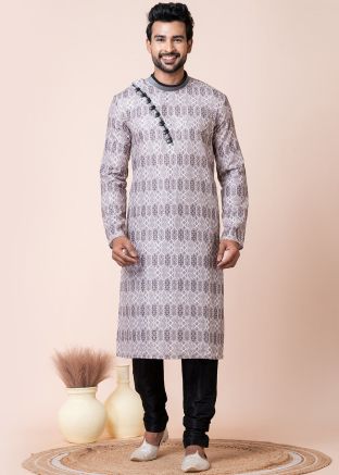 Grey Printed Readymade Kurta With Pajama
