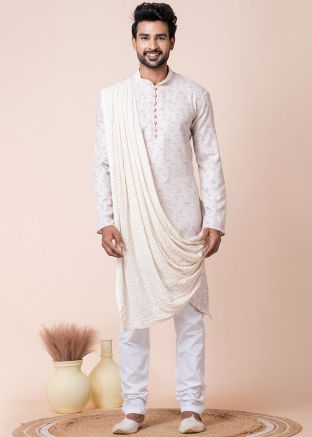 White Printed Cowl Style Kurta Pajama Set