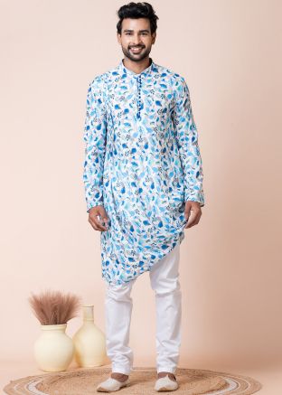 Blue Printed Cowl Style Men Kurta Pajama