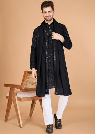 Black Embroidered Men Kurta In Viscose
