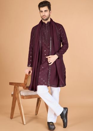Maroon Embroidered Men Kurta With Stole