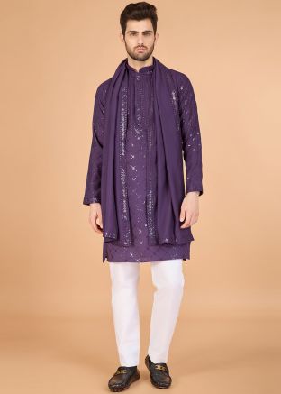 Purple Sequin Work Men Kurta In Viscose