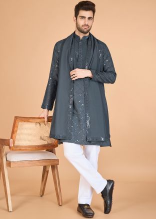 Grey Embroidered Viscose Men Kurta