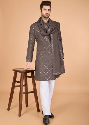 Brown Embroidered Men Kurta In Viscose