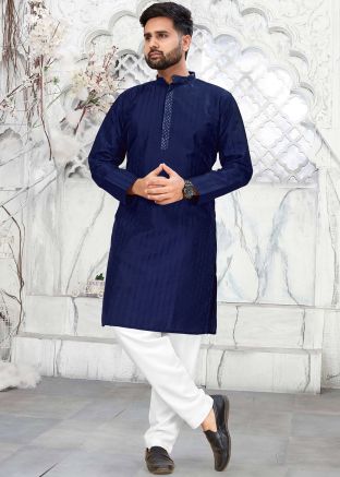 Blue Embroidered Men Kurta Pajama