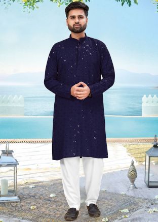 Blue Embroidered Men Kurta Pajama