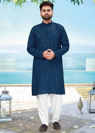 Blue Embroidered Men Kurta Pajama