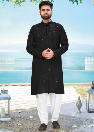 Black Embroidered Men Kurta Pajama