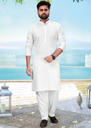 White Embroidered Kurta Pajama In Rayon