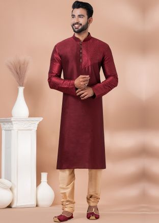 Maroon Men Kurta Churidar In Woven Work