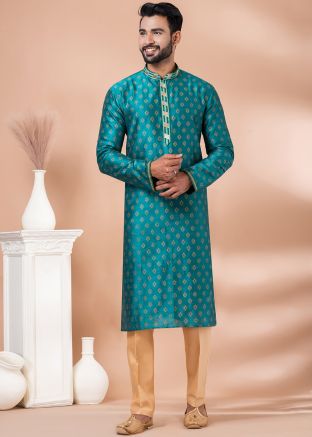 Teal Blue Woven Men Kurta Pant Set
