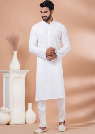 White Embroidered Men Kurta Pant Set