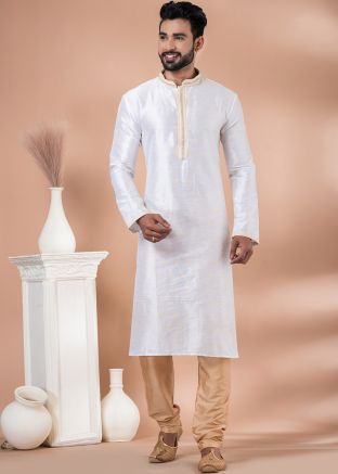 Readymade White Woven Men Kurta Churidar
