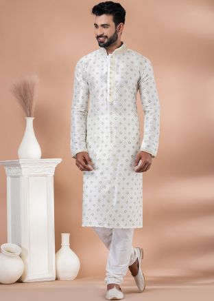 Off White Woven Men Kurta Churidar Set