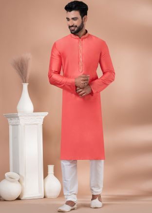 Coral Pink Men Kurta Churidar Set In Viscose