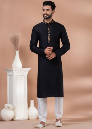 Black Men Plain Kurta With Churidar Set