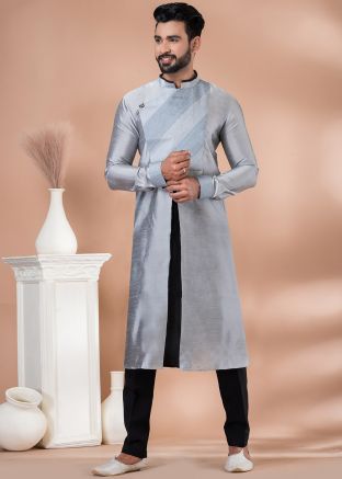 Grey Men Kurta With Churidar Set In Dupion Silk