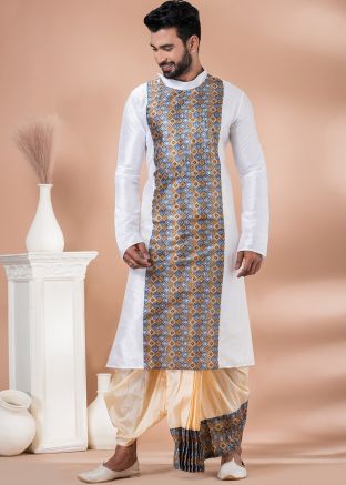White Men Printed Dhoti Kurta Set In Dupion Silk