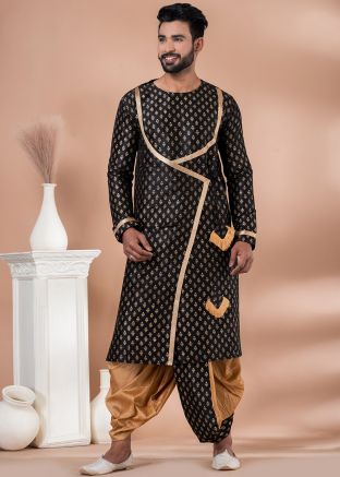 Black Printed Men Dhoti Kurta In Dupion Silk