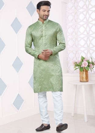 Green Jacquard Men Kurta Pajama In Woven Work