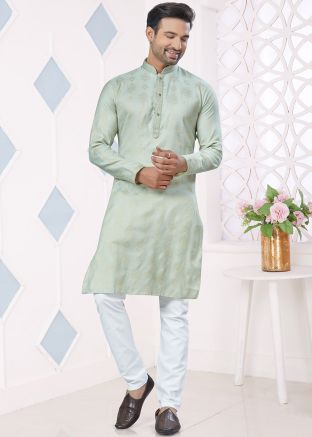 Green Jacquard Men Kurta Pajama In Woven Work