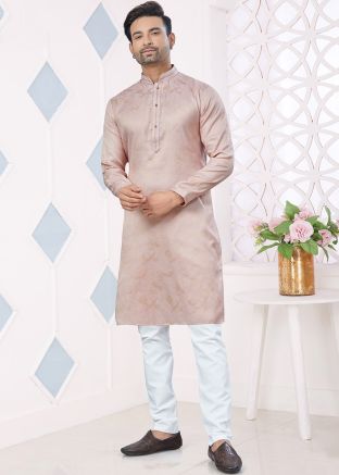 Pink Woven Men Kurta Pajama In Jacquard