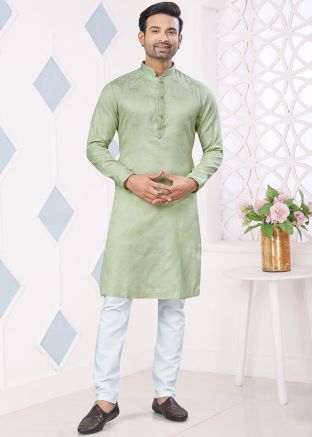 Green Jacquard Men Kurta Pajama In Woven Work