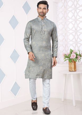 Grey Woven Kurta Pajama In Jacquard