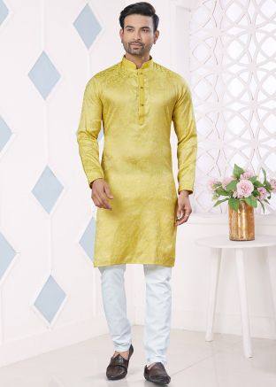 Yellow Men Woven Kurta Pajama