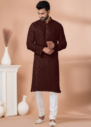 Maroon Sequin Work Men Kurta Pajama