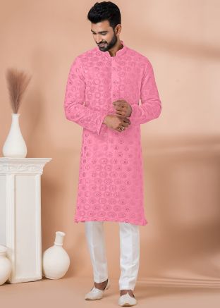 Pink Embroidered Kurta Pajama In Georgette