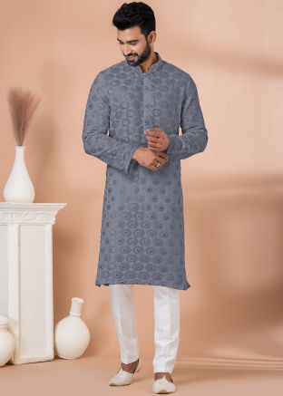 Grey Embroidered Men Georgette Kurta Pajama