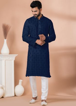 Blue Embroidered Men Kurta Pajama