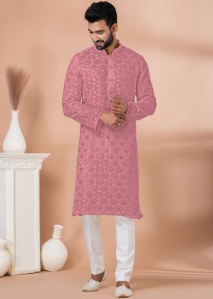 Pink Men Embroidered Kurta Pajama