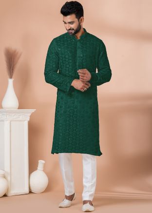 Green Embroidered Men Kurta Pajama