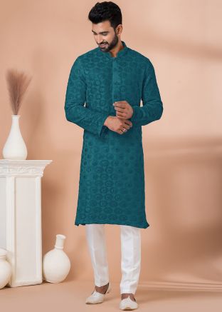 Blue Embroidered Men Kurta Pajama