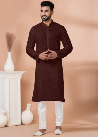 Brown Sequin Work Kurta Pajama In Georgette