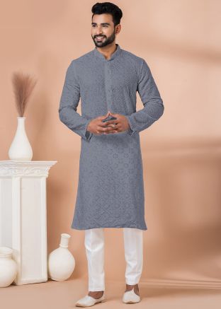 Grey Embroidered Men Georgette Kurta Pajama