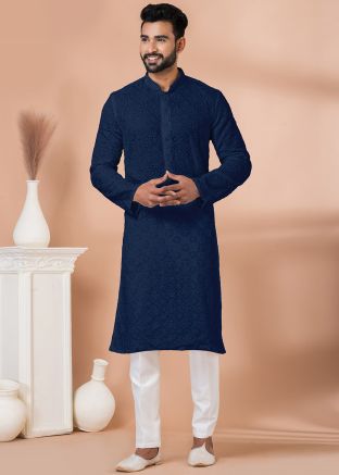 Blue Embroidered Men Kurta Pajama