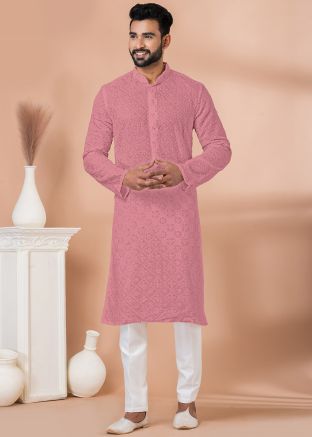 Pink Men Embroidered Kurta Pajama